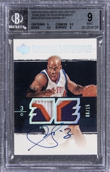 2003-04 UD "Exquisite Collection" Emblems of Endorsement #SM Stephon Marbury Signed Game Used Patch Card (#06/15) – BGS MINT 9/BGS 10